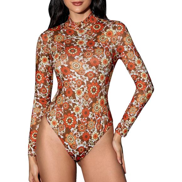 Women's High Neck Long Sleeve Floral Print Bodysuit Leotard Fall costume  Small - Picture 1 of 8